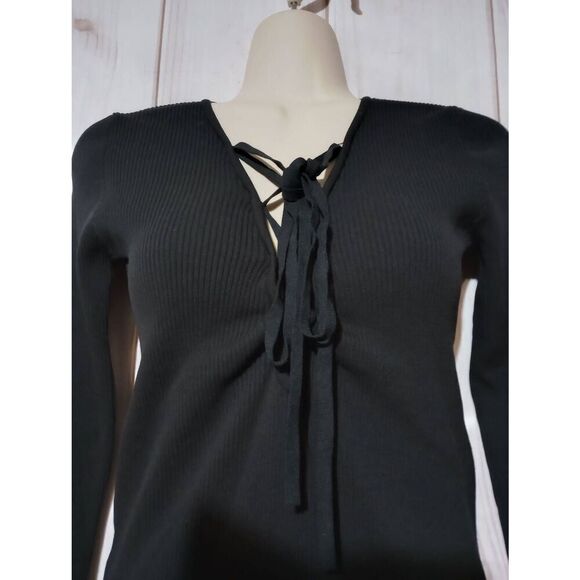 Zara Sweater Ladies Small Black‎ Lace Tie Neck Form Fitting - Picture 3 of 6